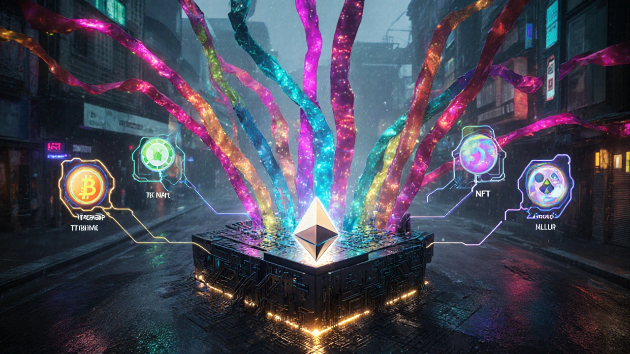 Cyber‑punk‑Szene: Mehrere Rollup‑Ketten verbinden sich über Brücken mit Ethereum und Apps.