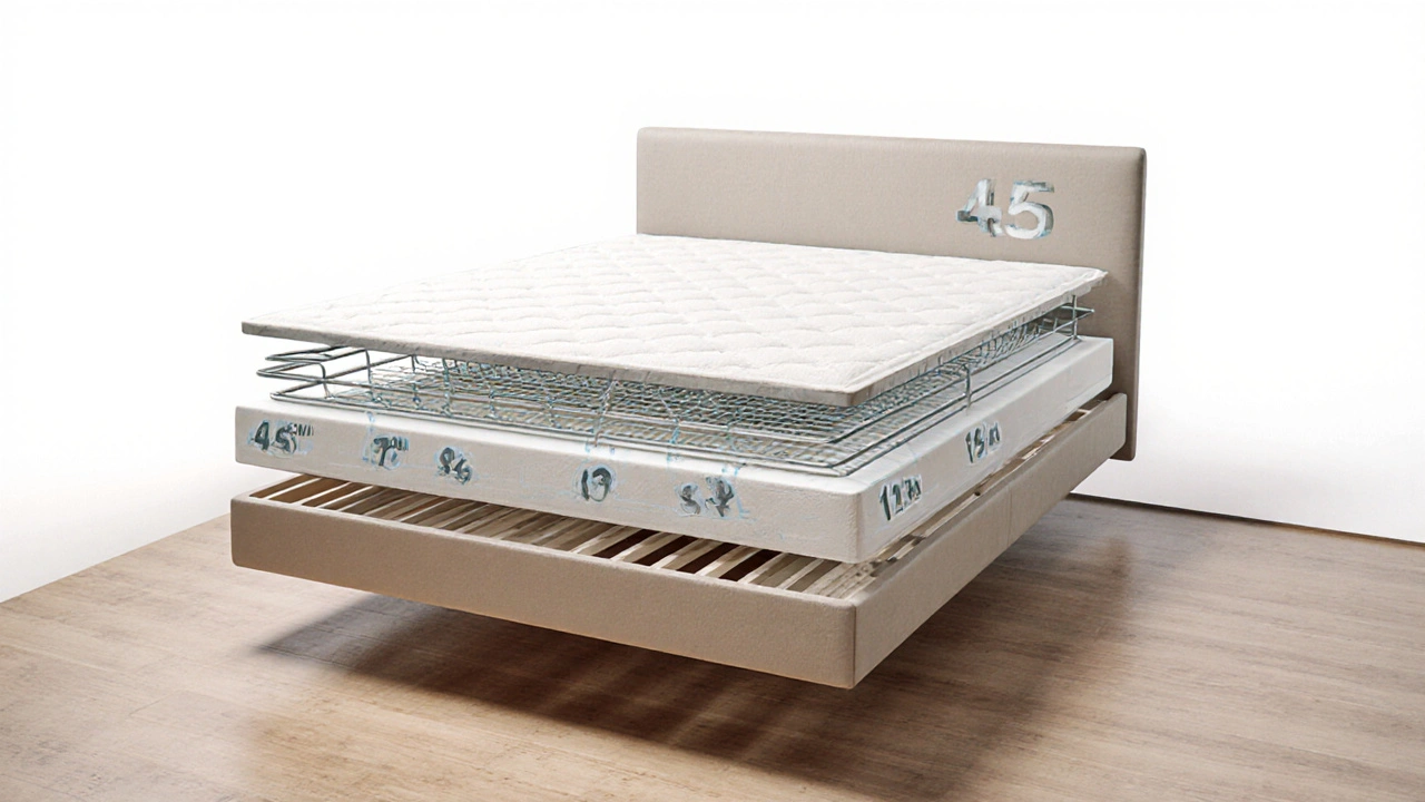 Durchsichtige Darstellung der Schichten eines Boxspringbetts mit Gewichtsangaben der Komponenten.