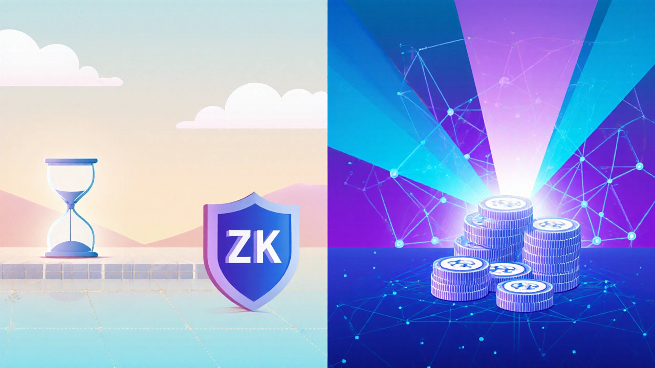 Geteilte Illustration: Links Optimistic Rollup mit Challenge‑Periode, rechts ZK‑Rollup mit sofortigem Proof.