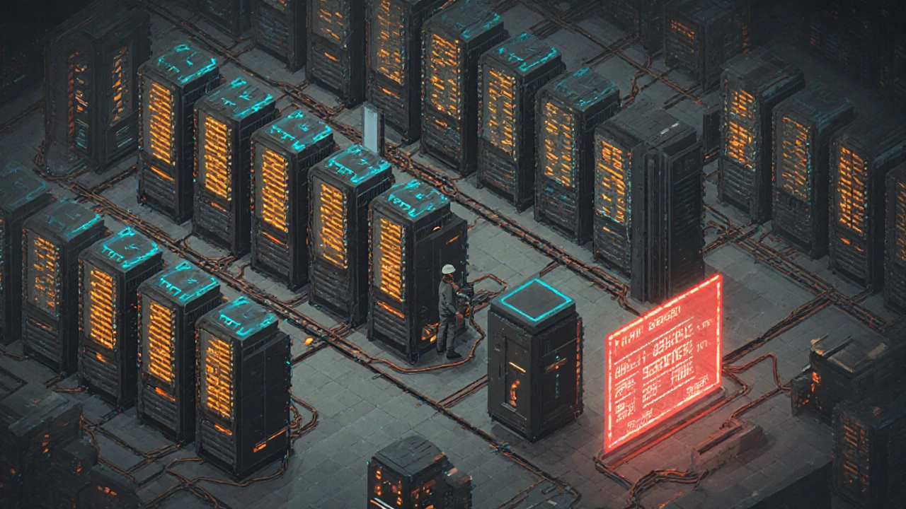 Reihe von ASIC‑Mining‑Geräten in einem Datenzentrum mit pulsierenden Energieanzeigen.