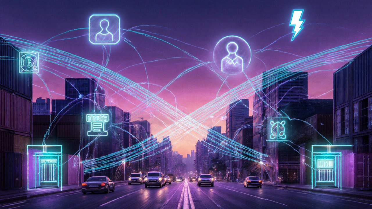 Stadt im Futurismus, überlagert von holografischen Blockchain‑Symbolen für Lieferketten und Lightning‑Network.