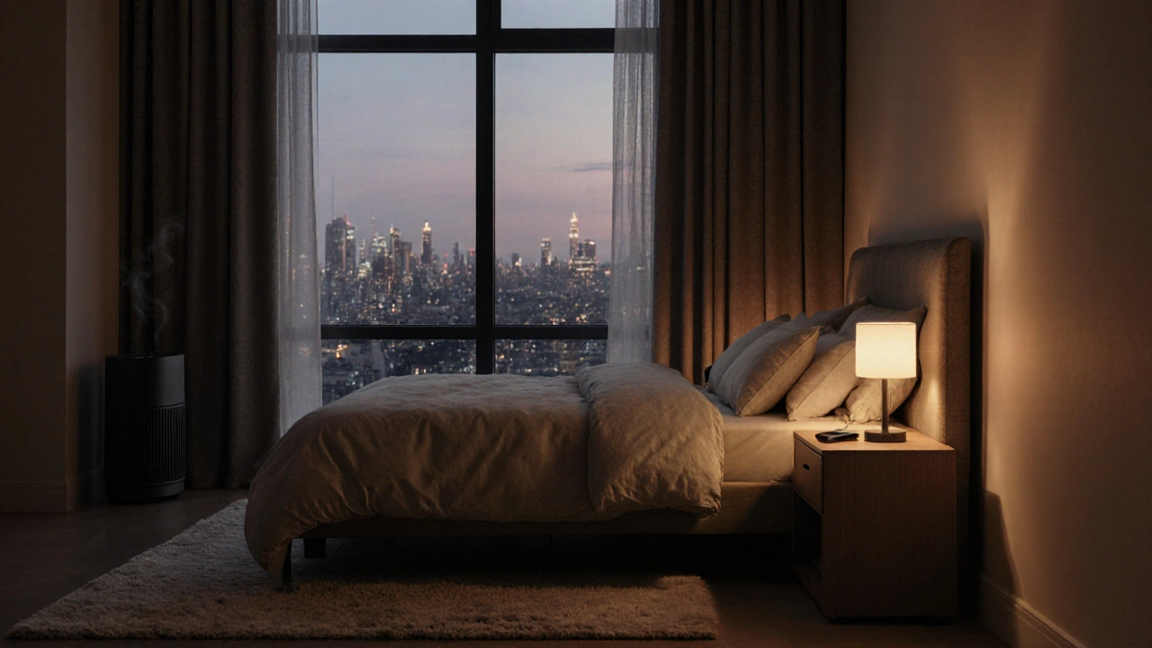 Abendliches Schlafzimmer: Bett unter doppelt verglastem Fenster, halb geöffnete Vorhänge, moderner Nachttisch mit Lampe.