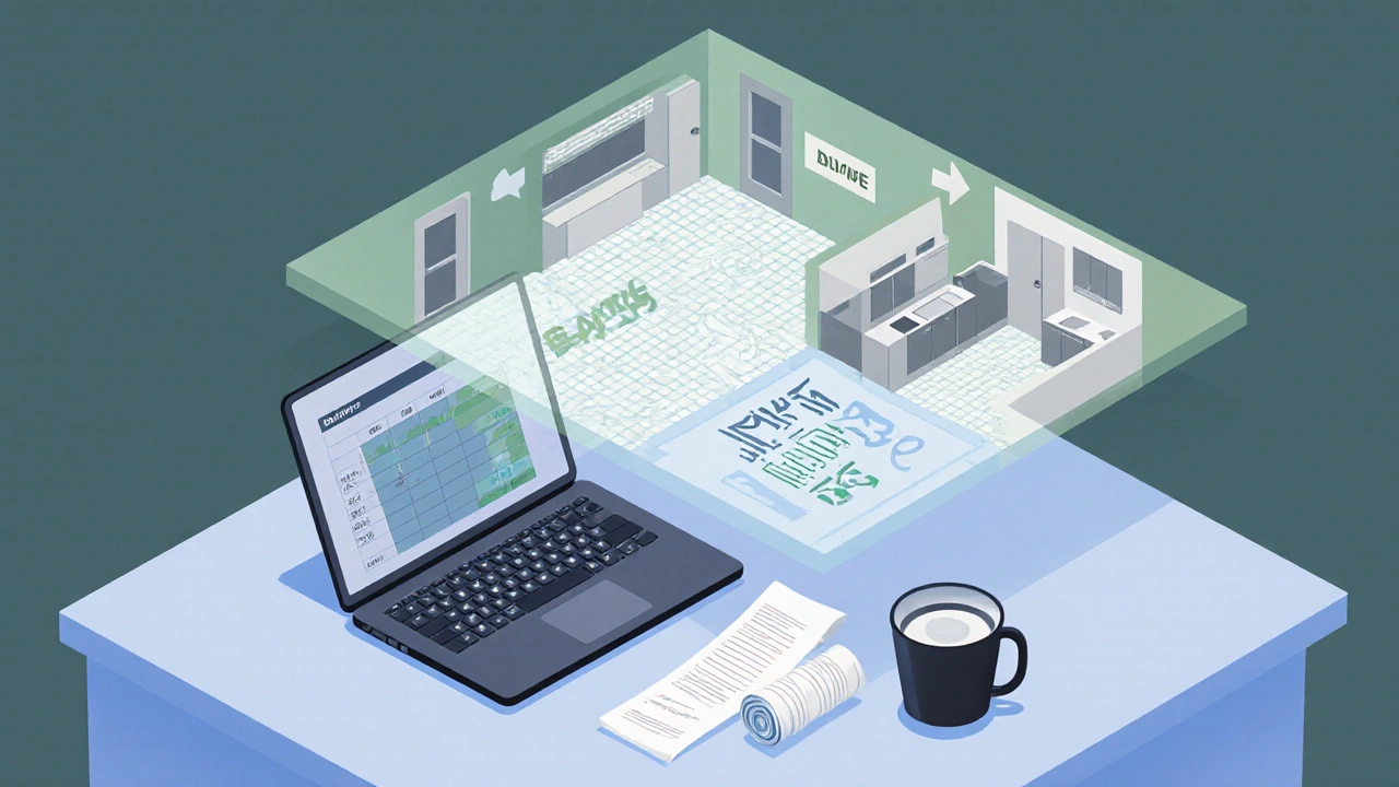 Arbeitsplatz mit Budgetunterlagen, Rechner und abstrakter Darstellung von Kosten‑Nutzen‑Balance.