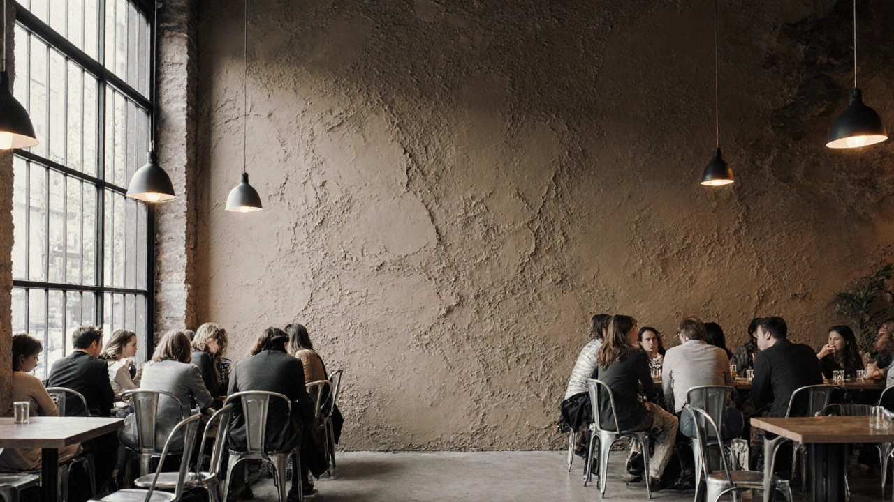 Caféinterieur mit markanten, strukturierten Rauputzwänden und entspannter Atmosphäre.