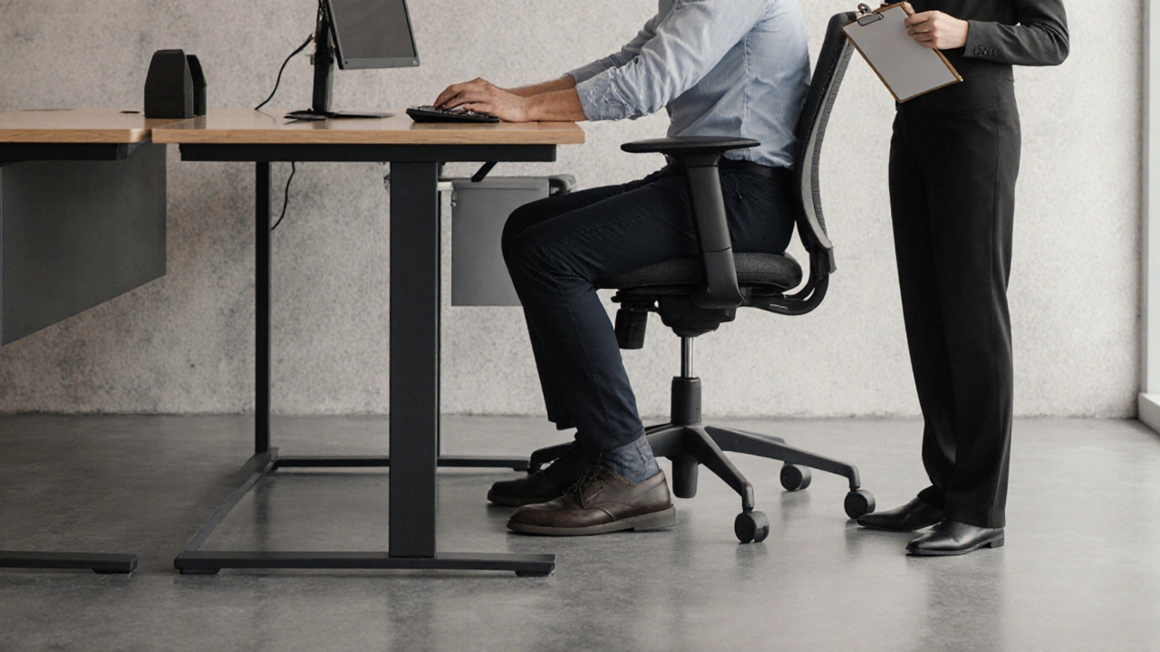 Customer tests leg clearance and arm position at a showroom desk.