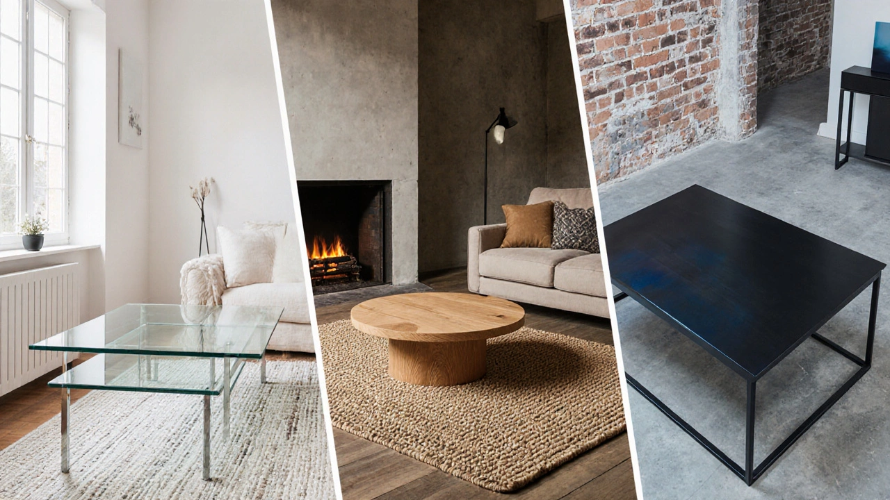 Drei Couchtische aus Glas, Holz und Metall in skandinavischem, Landhaus‑ und Loft‑Stil.