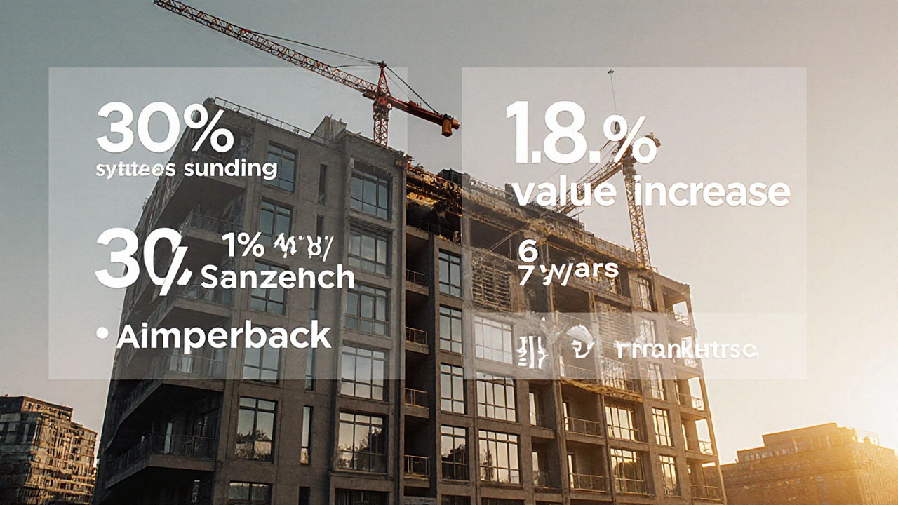 Ein ehemaliges Bürogebäude wird in Wohnungen umgewandelt, mit finanziellen Vorteilen als Transparenz-Overlay.