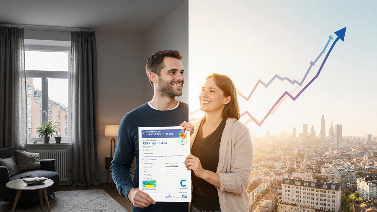 Ein Hausbesitzer zeigt den Energieausweis-Upgrade von Klasse H auf Klasse C mit visuellem Vergleich.