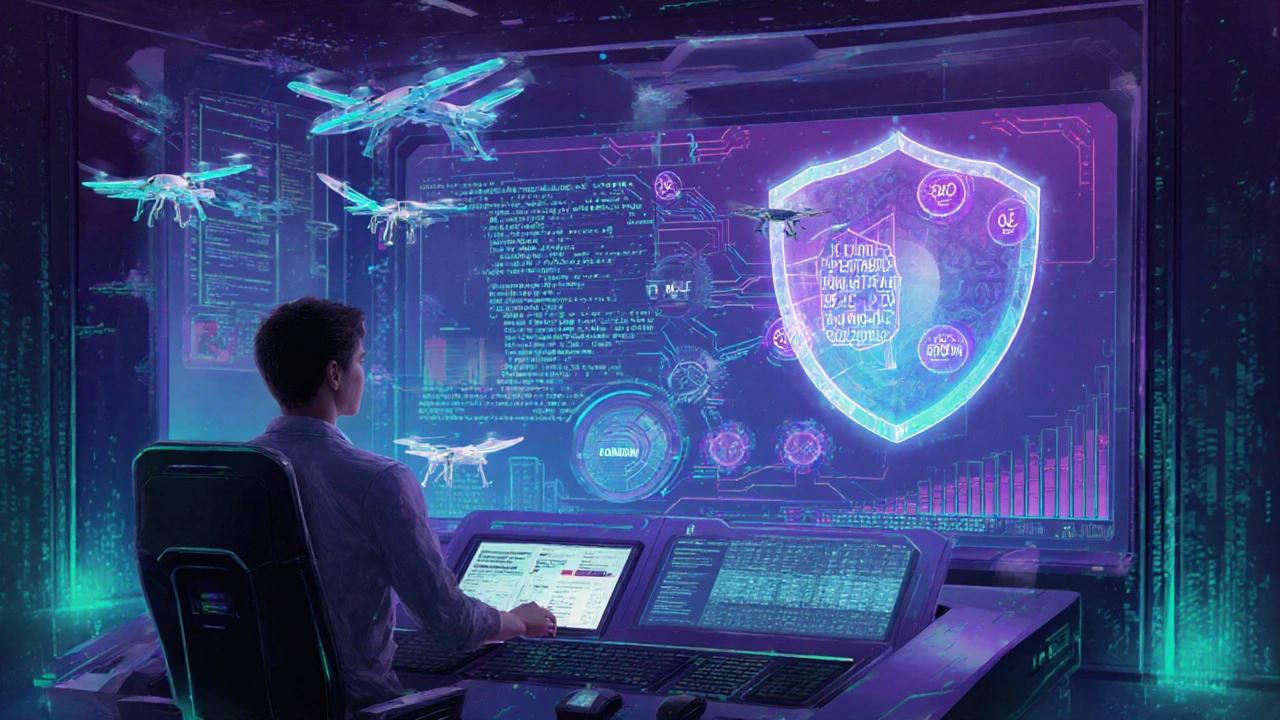 Futuristischer Kontrollraum zeigt hybride Oracle‑Systeme mit KI‑gestützter Datensicherheit.