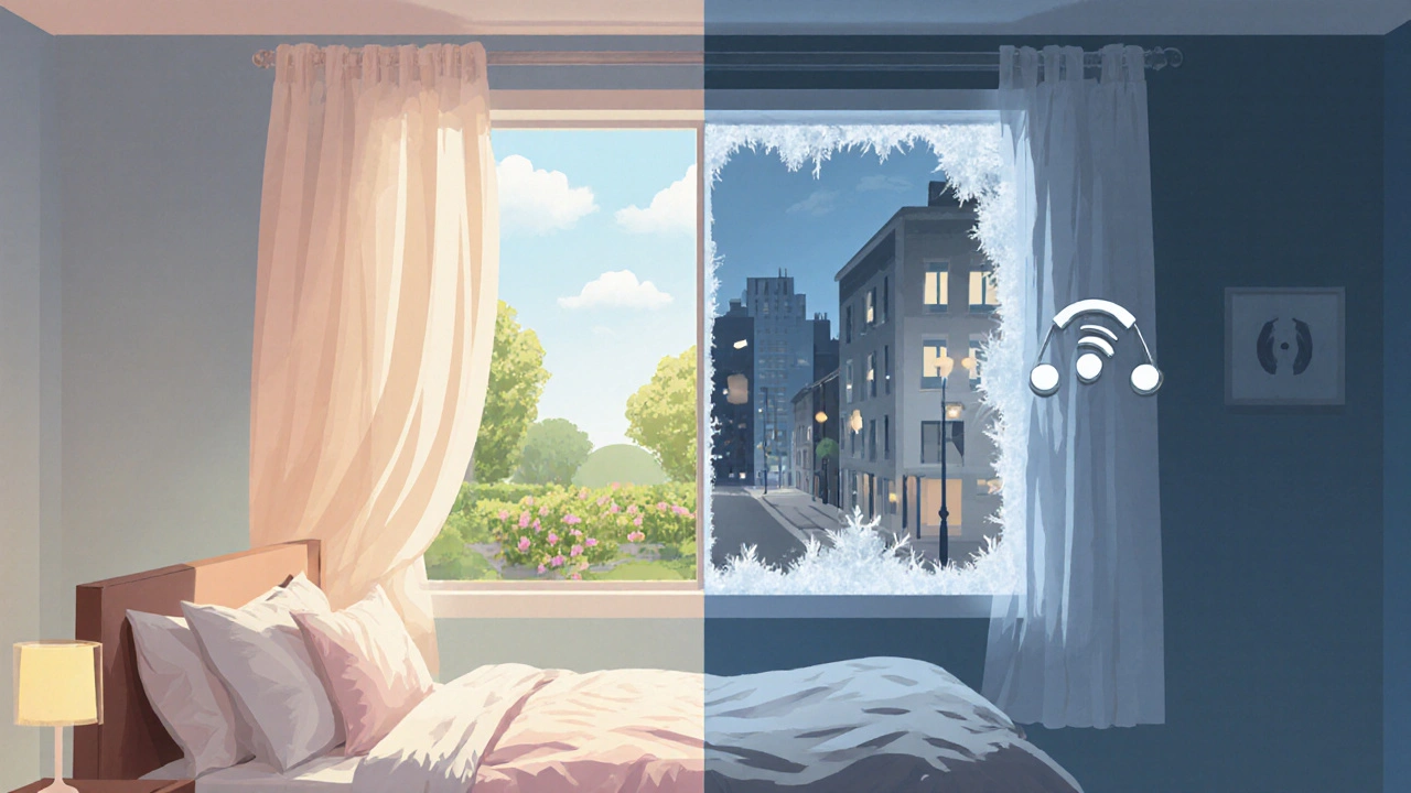 Geteiltes Bild: links helles Tageslicht und frische Luft, rechts Kälte, Lärm und Lichtverschmutzung.