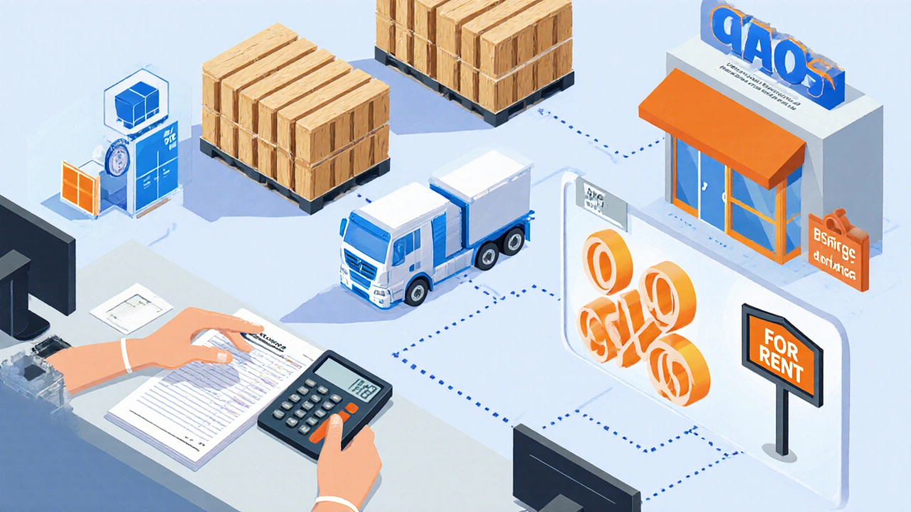 Grafische Szene eines Möbelhändlers, der Kosten, Transport und Miete zur Kalkulation der Marge berücksichtigt.