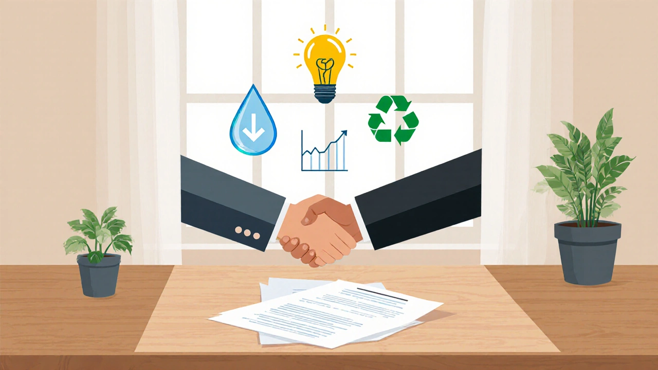 Hände schließen einen grünen Mietvertrag, umgeben von Symbolen für Energieeinsparung und Nachhaltigkeit