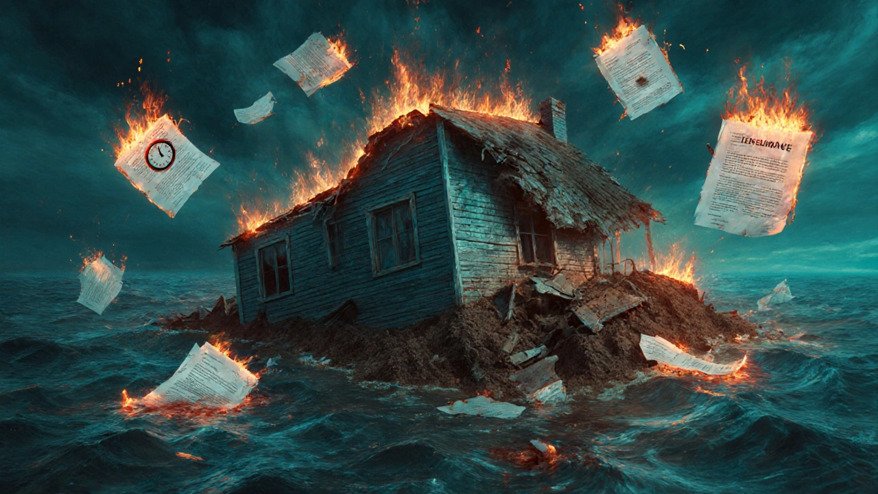 Haus sinkt in den Boden, umgeben von brennenden Versicherungspapieren und Hitzewellen.