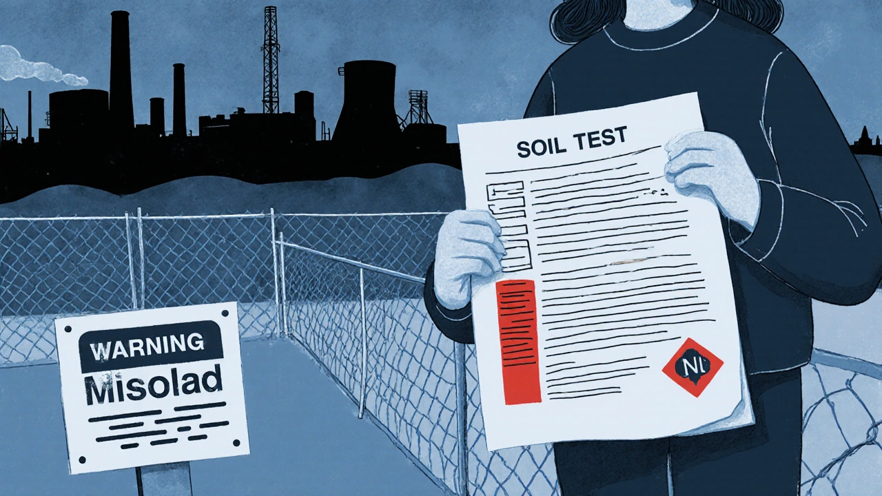 Hausbesitzer hält Bodenuntersuchung mit PFAS-Werten, industrielle Brache im Hintergrund.