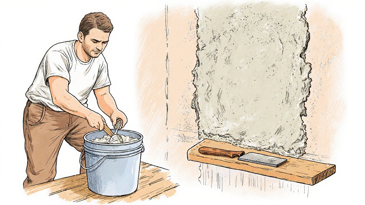 Illustration eines Handwerkers, der Münchner Rauputz mischt und aufträgt.