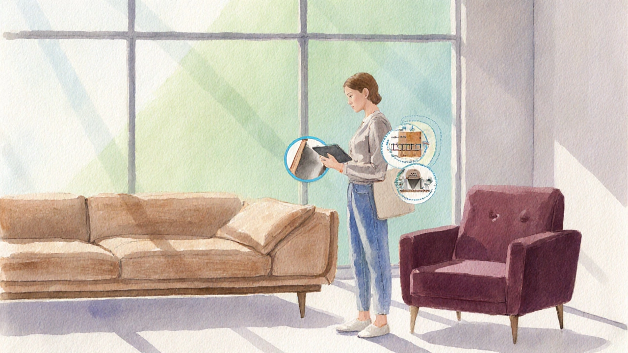 Käufer prüft im Möbelhaus Preise und Materialien, um die Marge realistisch einzuschätzen.