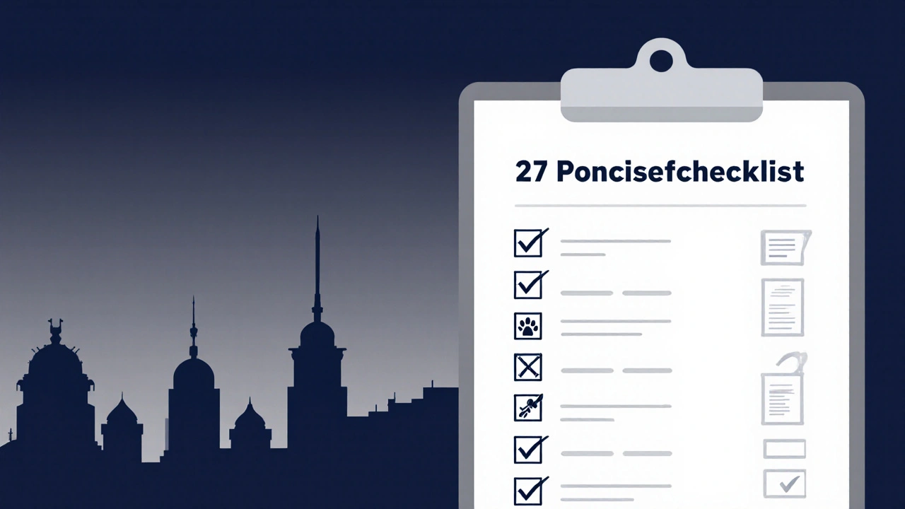 Kompakte Checkliste mit Häkchen und Symbolen auf einer Klemmbrettvorlage vor Berliner Skyline.