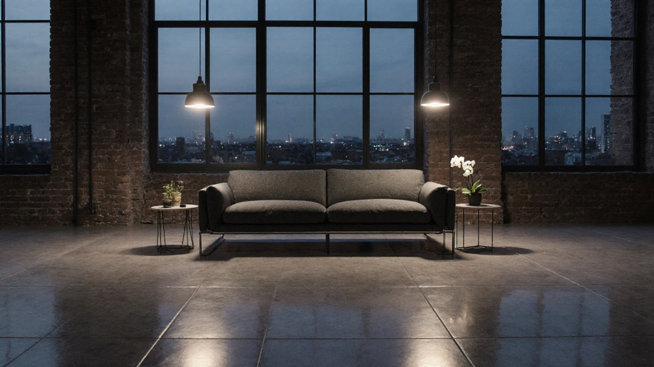 Loft‑Atmosphäre bei Dämmerung: großformatiger glänzender Porzellanboden, graues Sofa, warmes Licht.