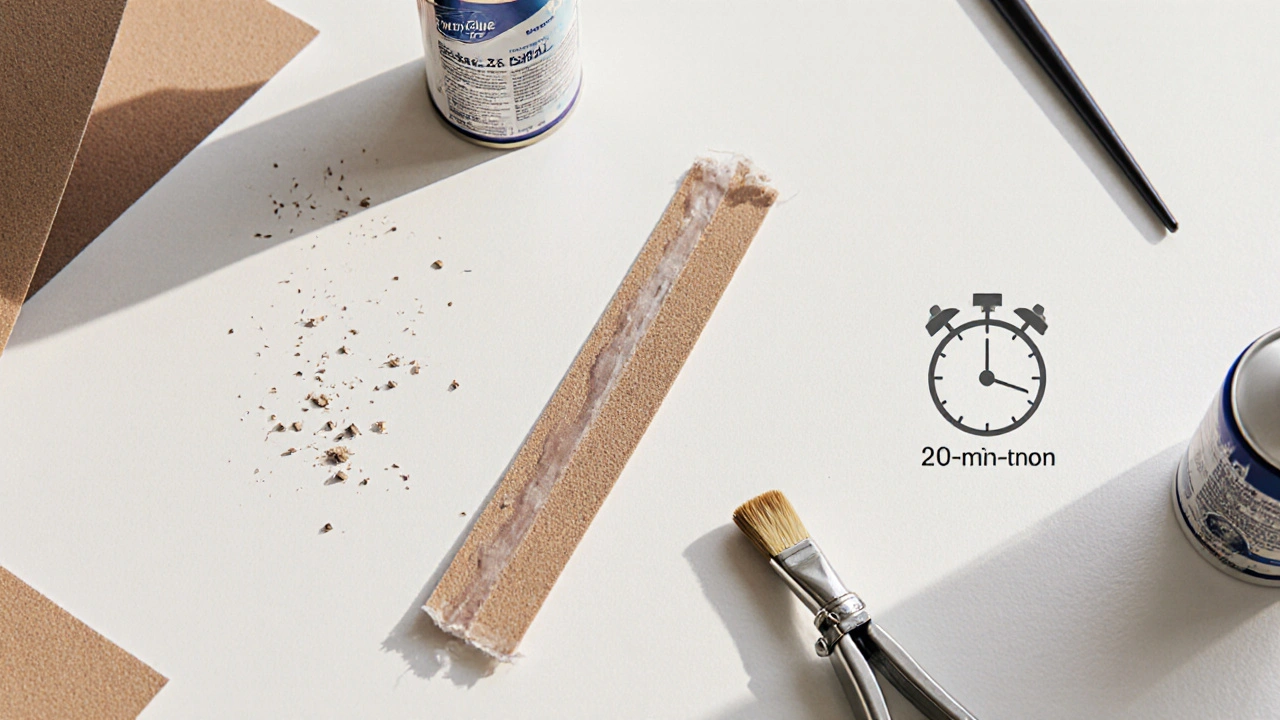 Makroaufnahme des Arbeitsplatzes mit Sandpapier, PU‑Kleber und Klemmvorrichtung.