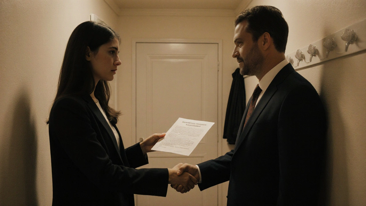 Mieter und Vermieter unterschreiben einen Renovierungsvertrag und schütteln die Hand.