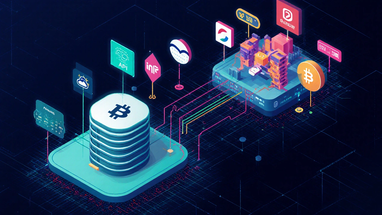 Netzwerk aus Knoten liefert verschiedene Off‑Chain‑Daten an einen Smart‑Contract.