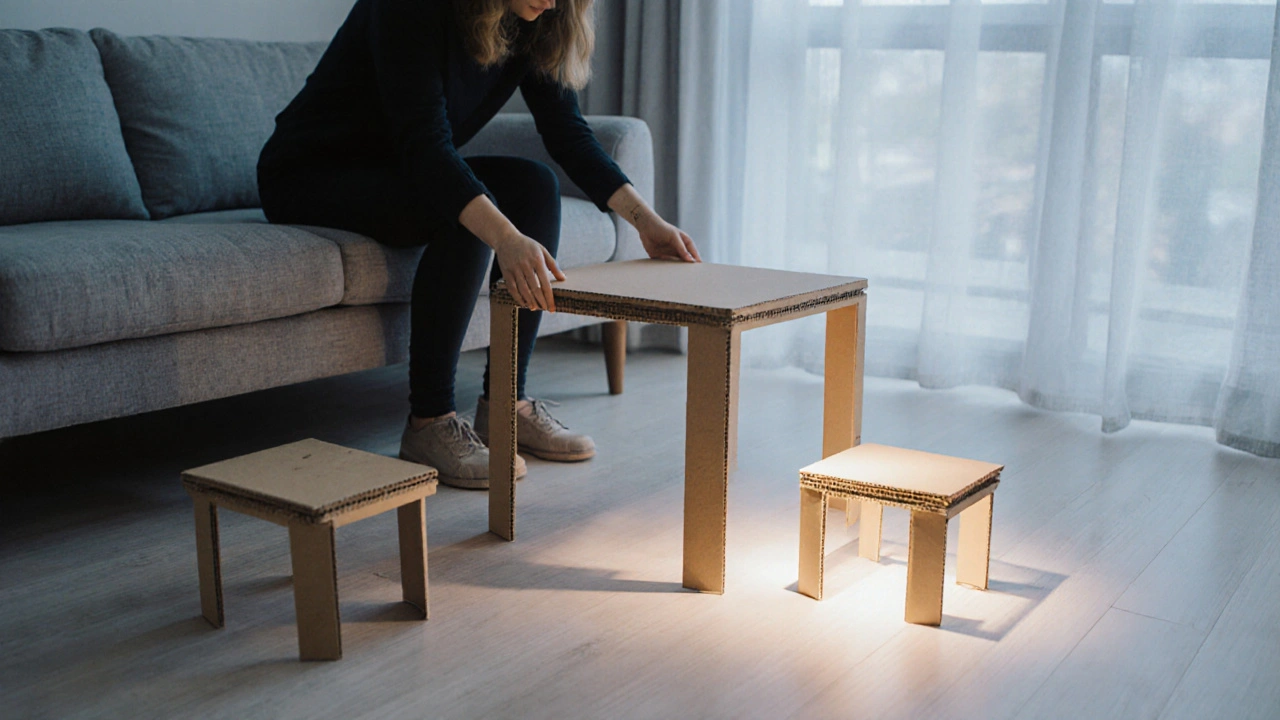 Person prüft Tischgrößen mit Karton‑Prototypen, korrekter Abstand zum Sofa sichtbar.