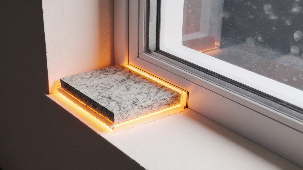 Querschnitt einer richtig montierten Fensterbank mit Dämmung und Silikondichtung.