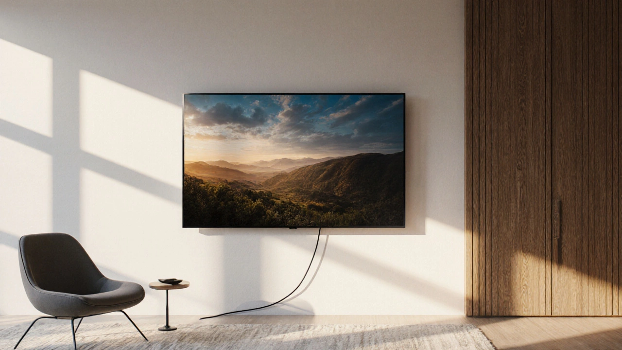 Samsung The Frame TV als Gemälde an der Wand, warmes Licht, kein sichtbarer Rahmen.