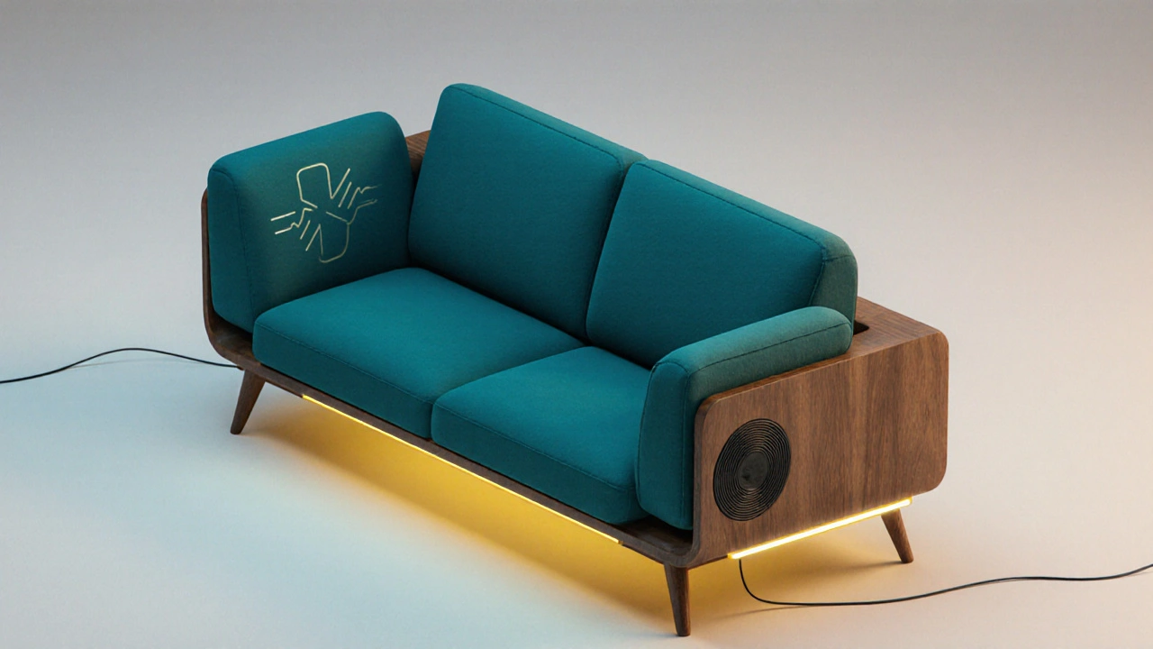 Sofa mit integrierten Ladestationen, Lautsprechern und LED‑Lichtern.