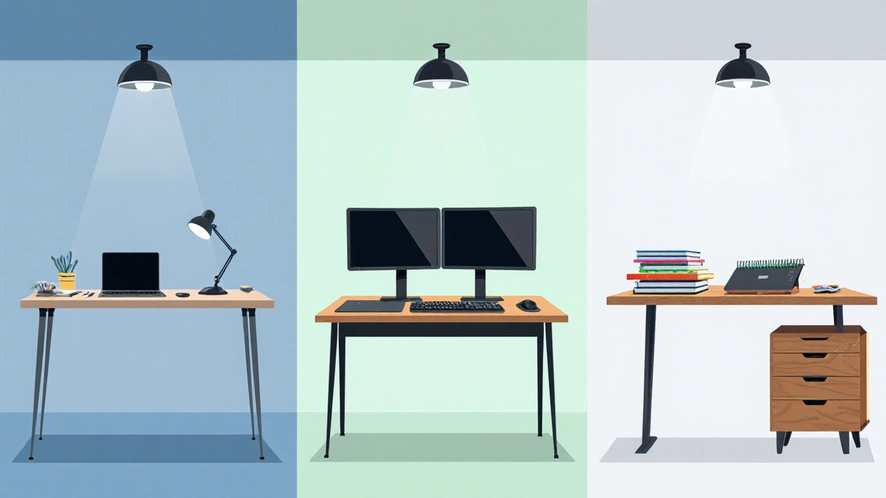Three workstations showing 60 cm, 75 cm, and 95 cm desk depths.