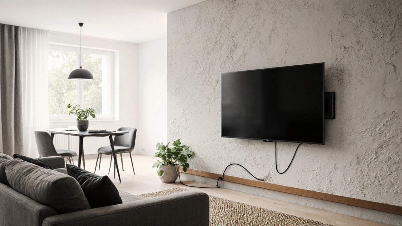 Vogel’s TV-Halterung gedreht zur Essgruppe, versteckte Kabel, modernes Interieur.