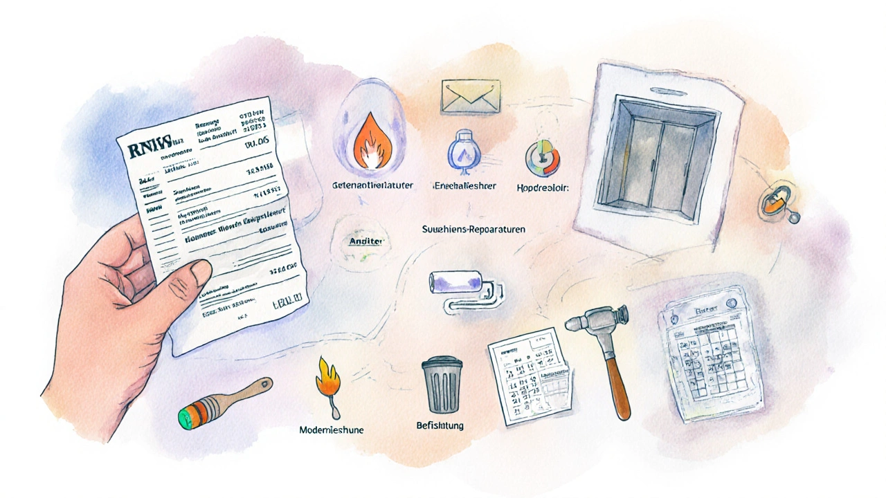 Wasserdurchsichtige Collage zeigt Kernklauseln: Mietzahlung, Kaution, Nebenkosten, Reparaturen, Modernisierung, Befristung.