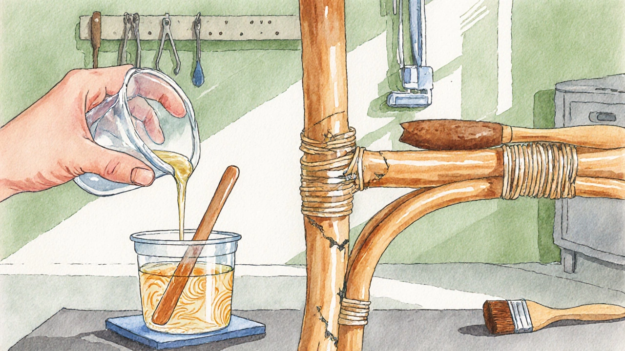 Wasserfarbillustration: Epoxidharz wird in einen beschädigten Polyrattan‑Stuhl gegossen.