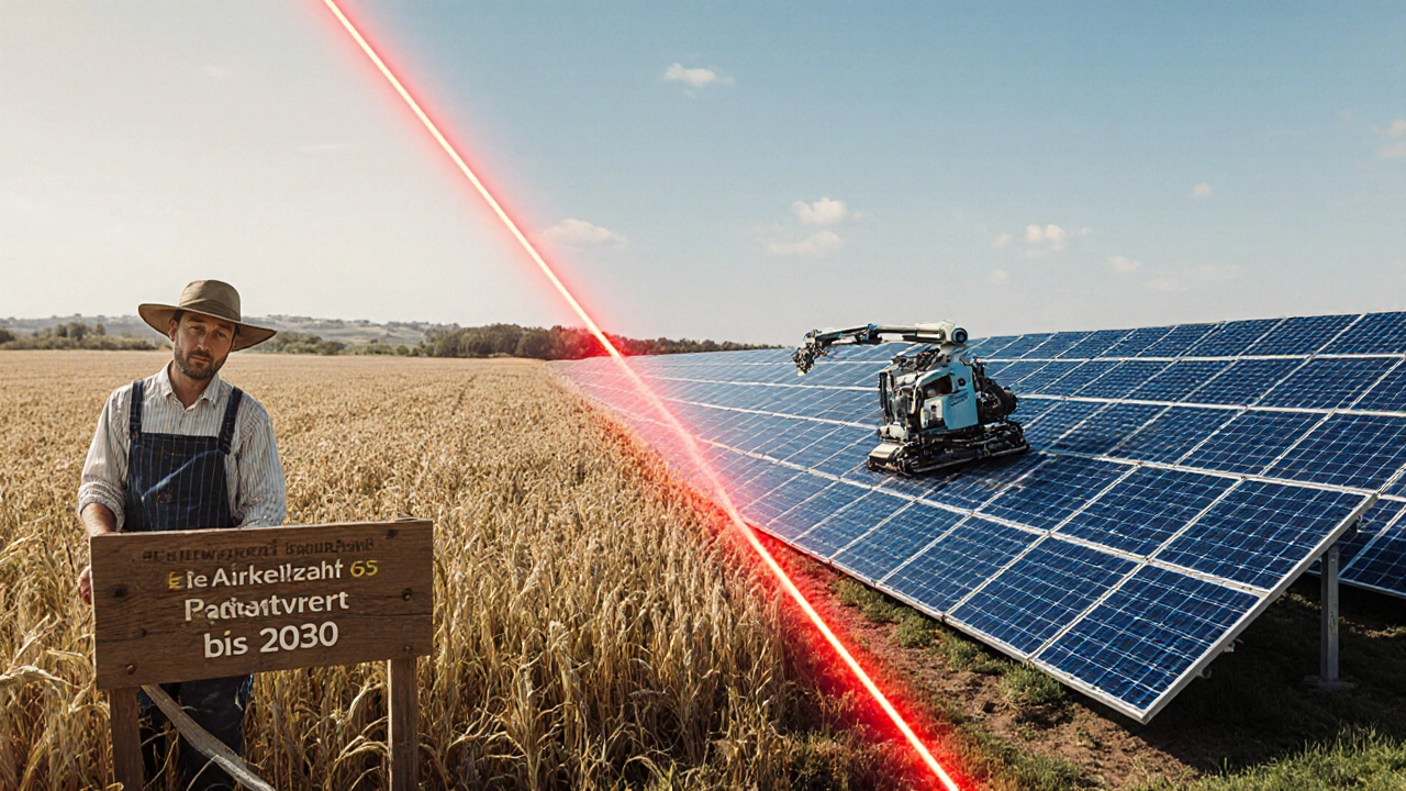 Aufgeteilter Acker: links bewirtschaftetes Feld mit Pachtvertrag, rechts Solaranlage mit &#039;Bauerwartungsland&#039;-Kennzeichnung.