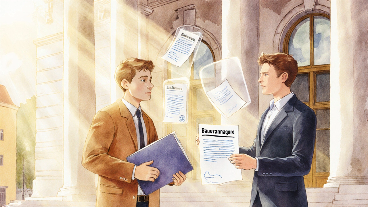 Bauherr erhält schriftliche Bestätigung der Bauvoranfrage vom Rathausmitarbeiter.