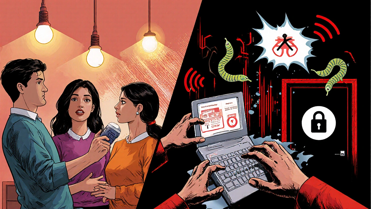 Comic-Stil: Familie nutzt Smart Home links, rechts greifen Hacker das Netzwerk an mit sichtbaren Cyber-Bedrohungen.