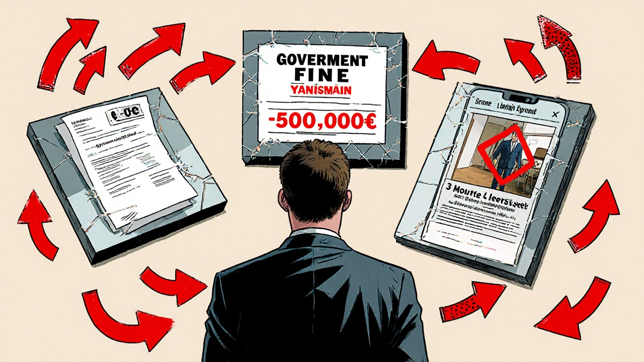 Comic-Stil: Vermieter vor drei Warnpaneelen mit Mietverlust, Geldstrafe und digitaler Alarmmeldung.