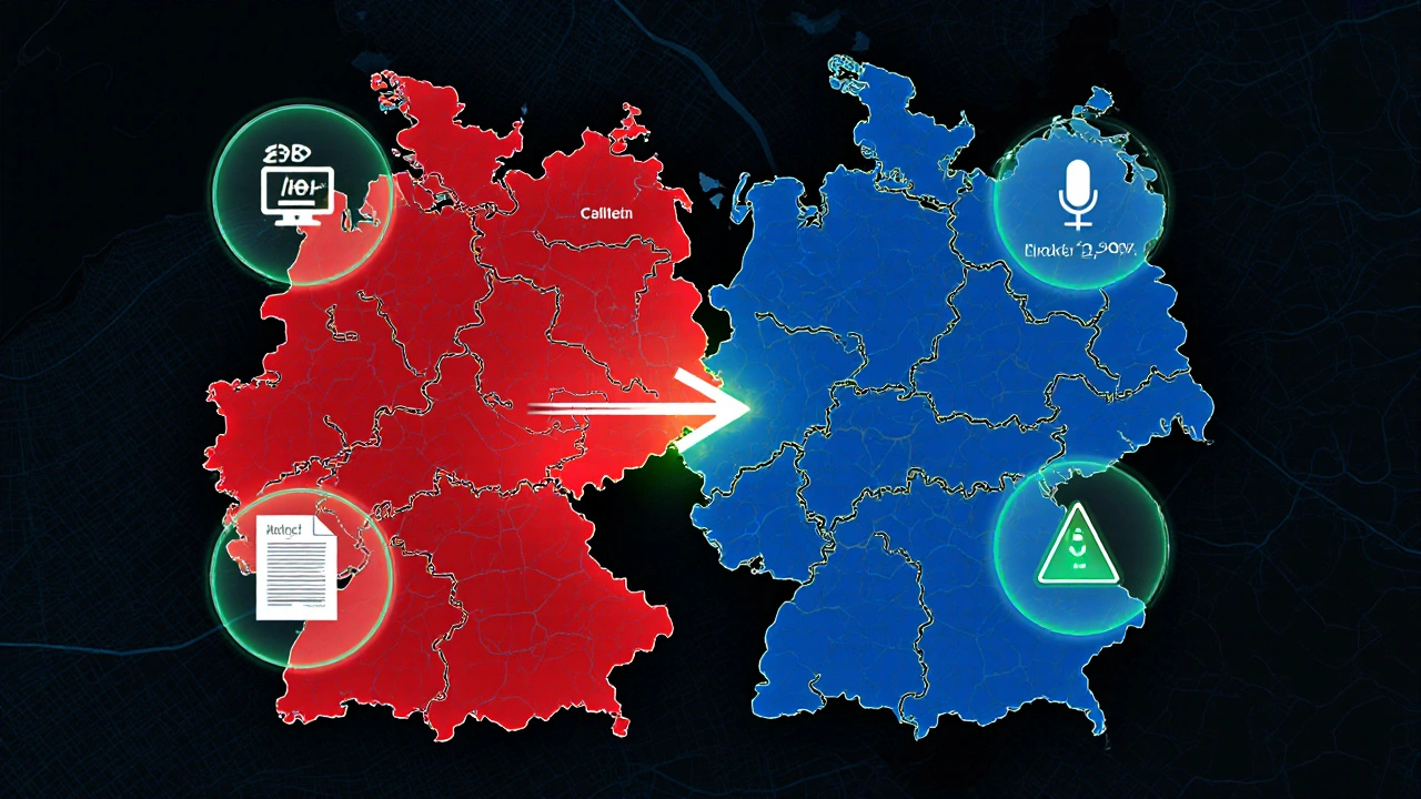 Digitale Karte Deutschlands mit farbigen Leerstandsquoten und digitalen Vermietungstools als Symbole.