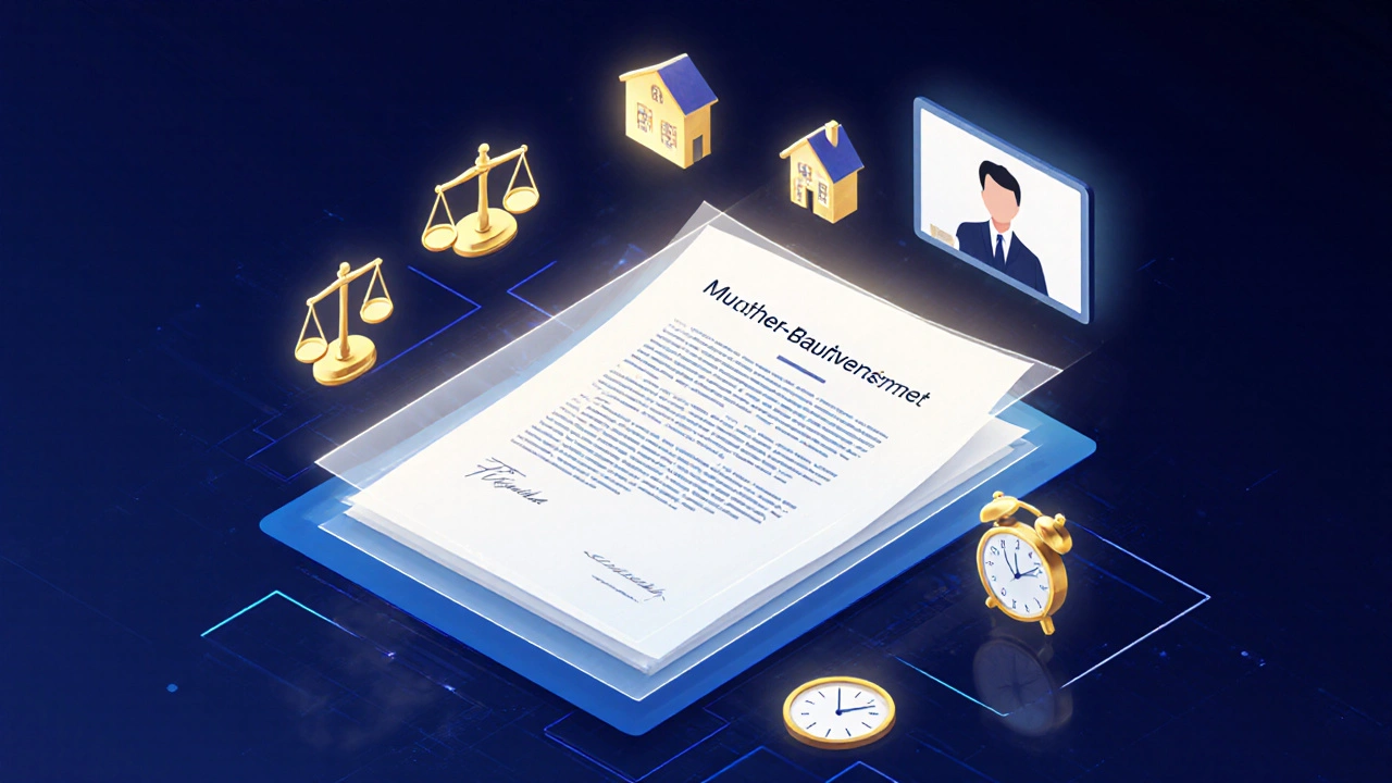 Digitaler Kaufvertrag schwebt über einem Papiermuster mit juristischen Symbolen umgeben.