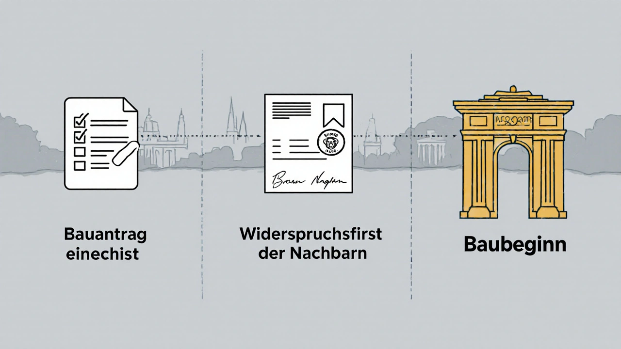 Drei zeitliche Schritte des Baugenehmigungsverfahrens als klare Diagramme mit Symbolen für Antrag, Nachbarn und Baubeginn.