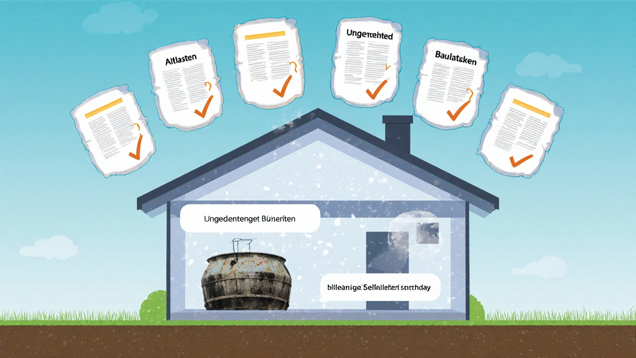 Durchsichtige Hausdarstellung mit verborgenen Risiken und Dokumenten als Schutzschilder.