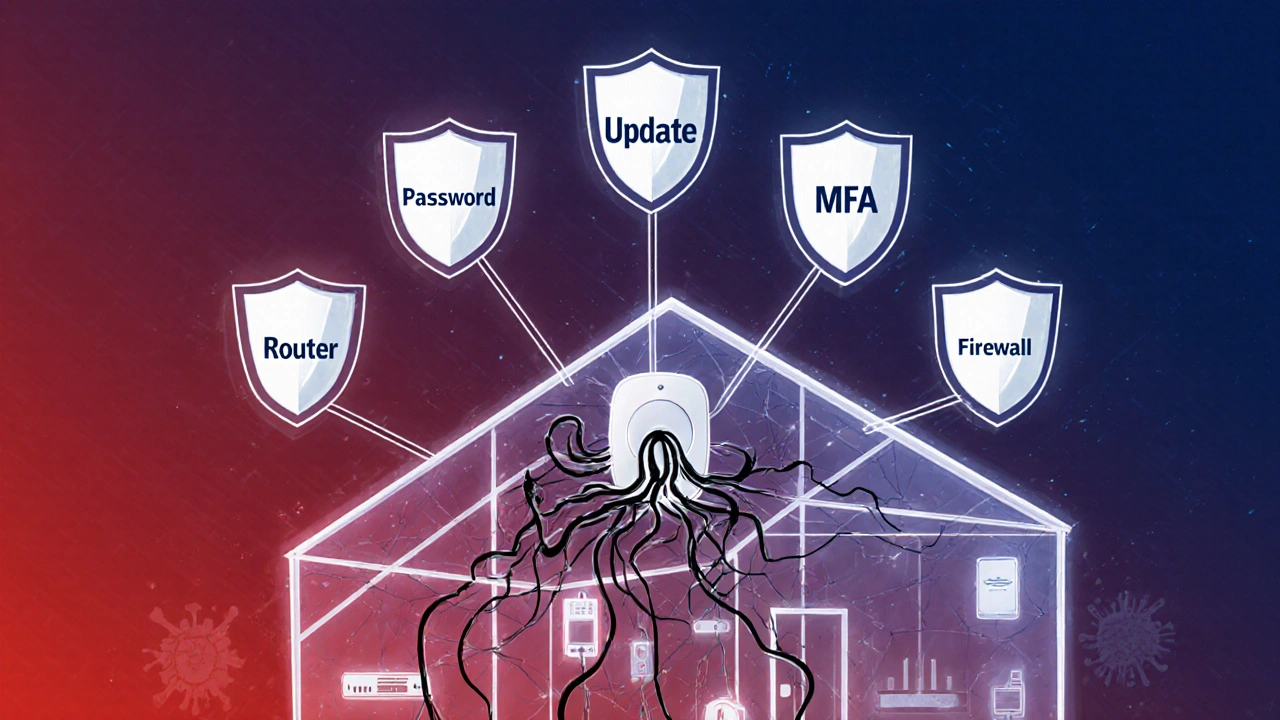 Durchsichtiges Haus mit Netzwerk-Web, ein Thermostat ist von Viren befallen, sieben Schutzschilder halten die Bedrohung ab.