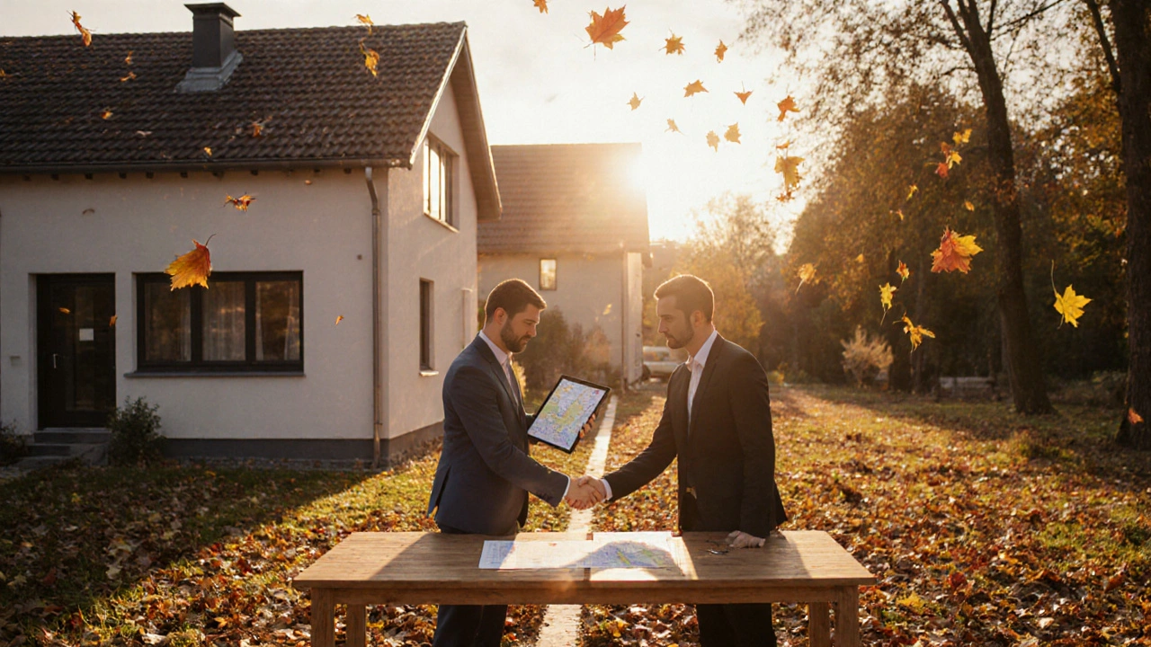 Ein Grundstück wird geteilt: Ein Haus und ein freies Grundstück, ein Vertrag wird unterzeichnet, ein Surveyor zeigt eine digitale Karte.