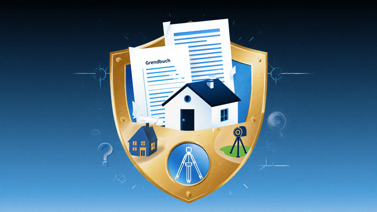 Ein rechtlicher Schutzschild aus Dokumenten und digitalen Symbolen umgibt ein Grundstück, symbolisiert Rechtssicherheit beim Kauf.
