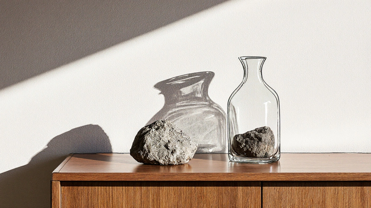 Ein Sideboard mit nur einem großen Stein und einer Kerze, alle anderen Objekte entfernt — klare Reduktion.