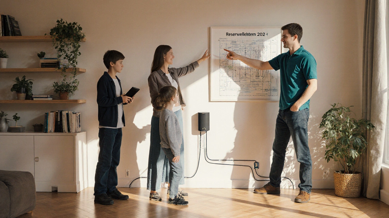 Eine Familie in ihrem Wohnzimmer, während ein Techniker ein Gerät über ein verstecktes Leerrohr installiert, keine sichtbaren Kabel.