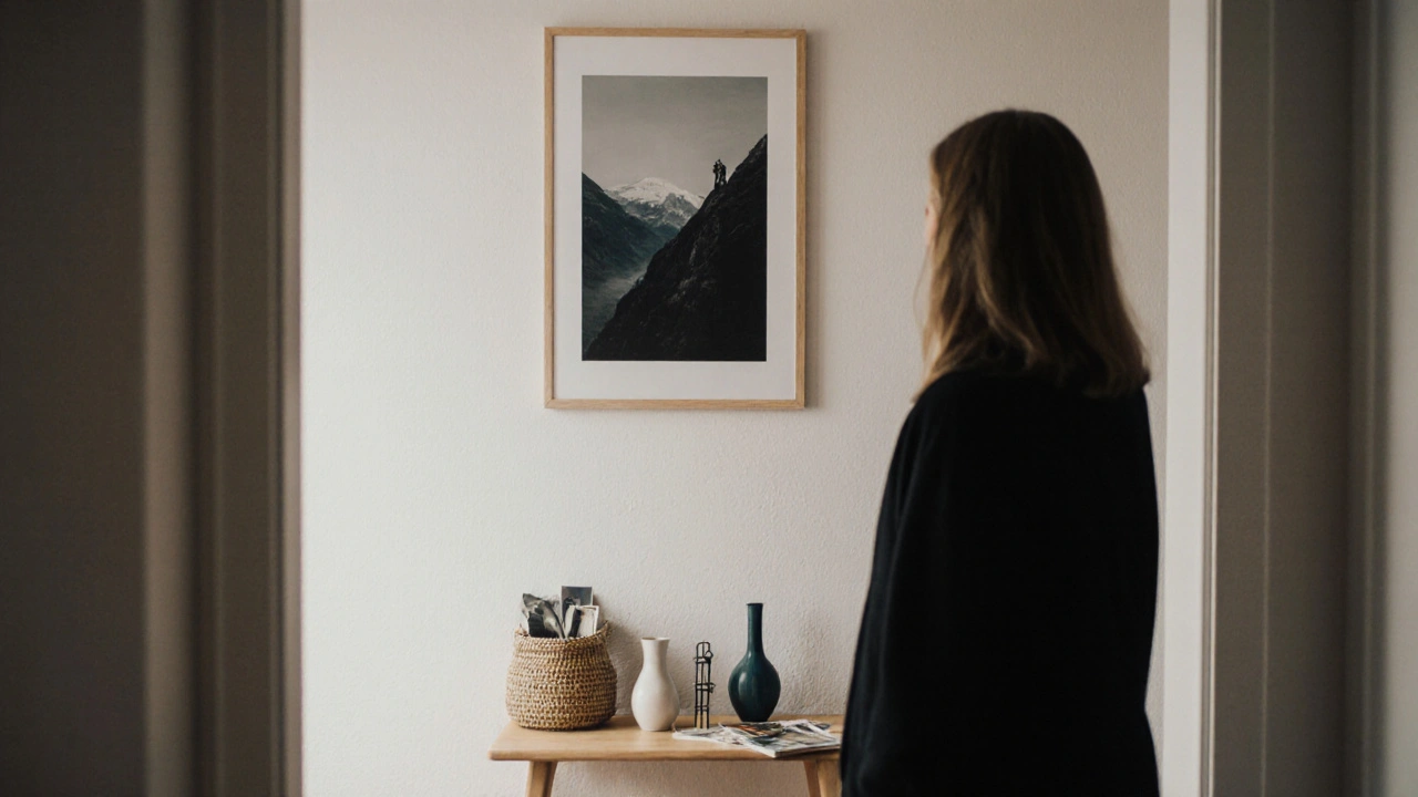 Eine Person betrachtet ein großes Bild über einem Tisch, während entfernte Deko-Objekte in einem Korb liegen.