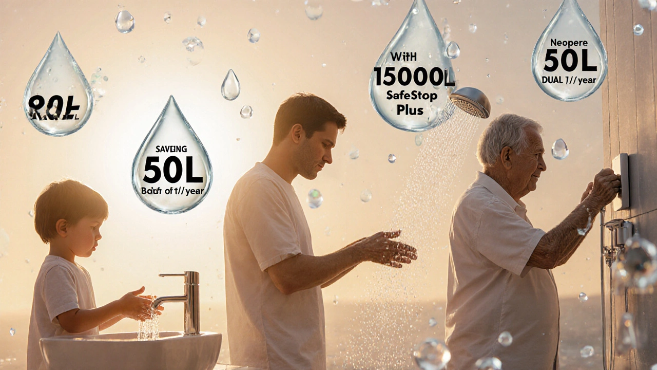 Familie in Bad mit wassersparenden Technologien, schwebende Wasserdrops mit Einsparzahlen, warmes Licht.