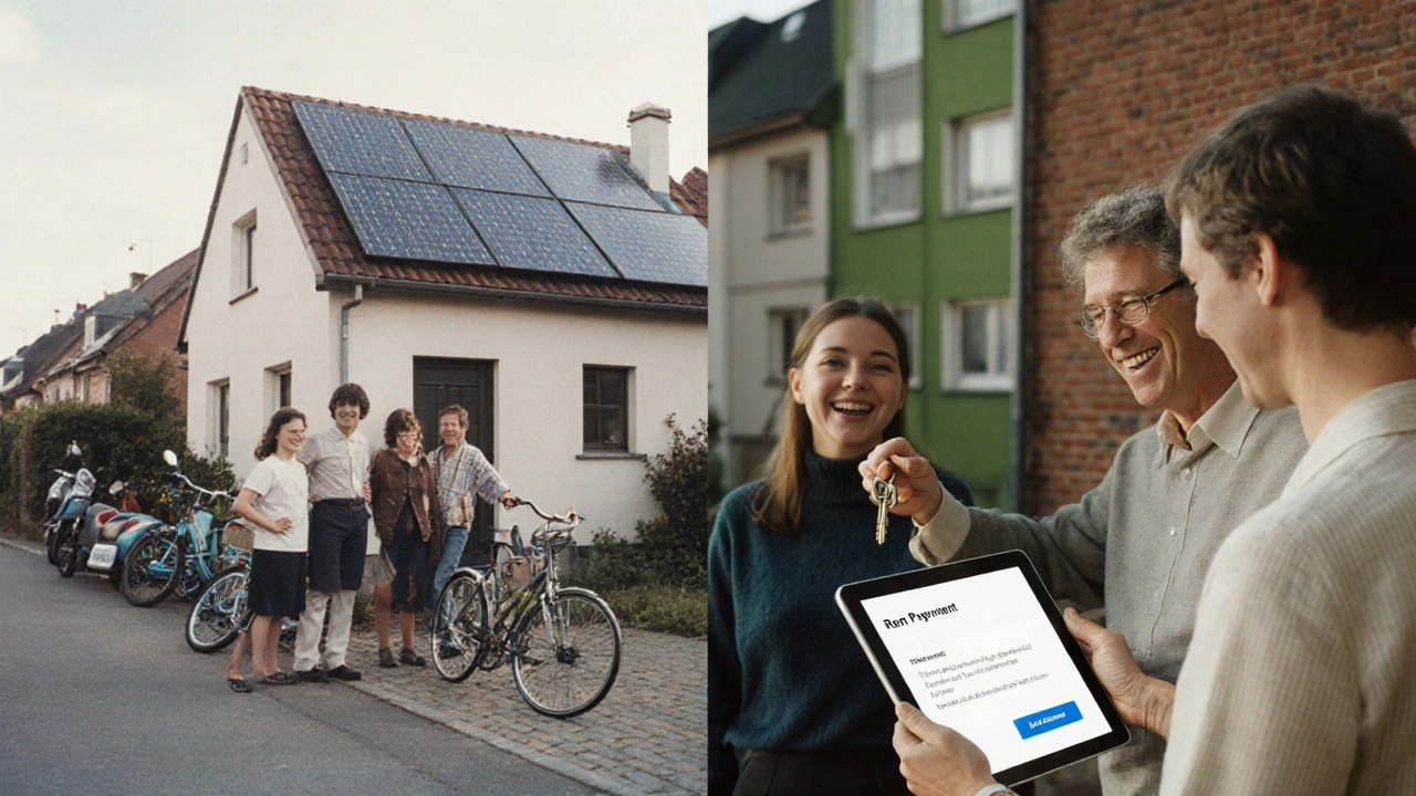 Familie mit Schlüsseln im Vergleich: von den 1980er Jahren bis heute in derselben Immobilie.