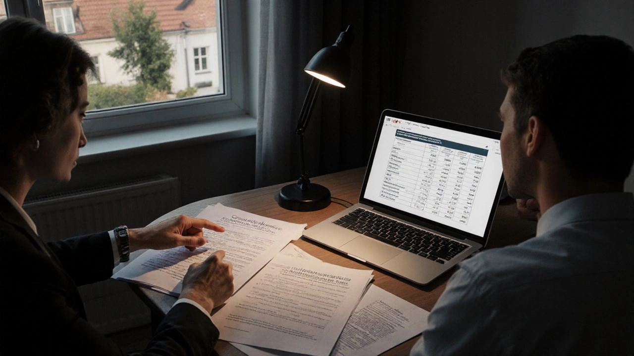 Finanzberater zeigt Käufer Kostenübersicht auf Laptop, während er Vertrag prüft.